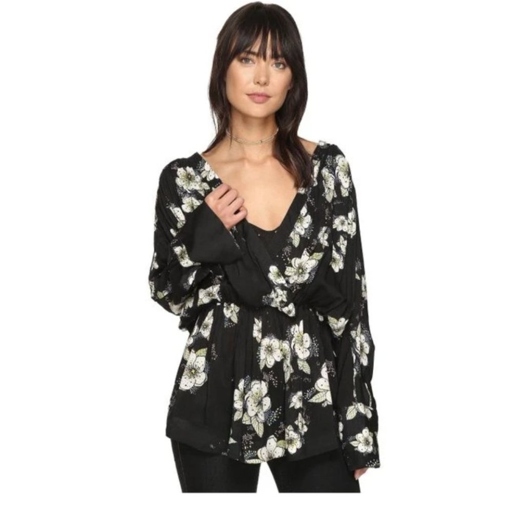 Free People Tuscan Dreams Floral Printed Black V Neck Tunic Top